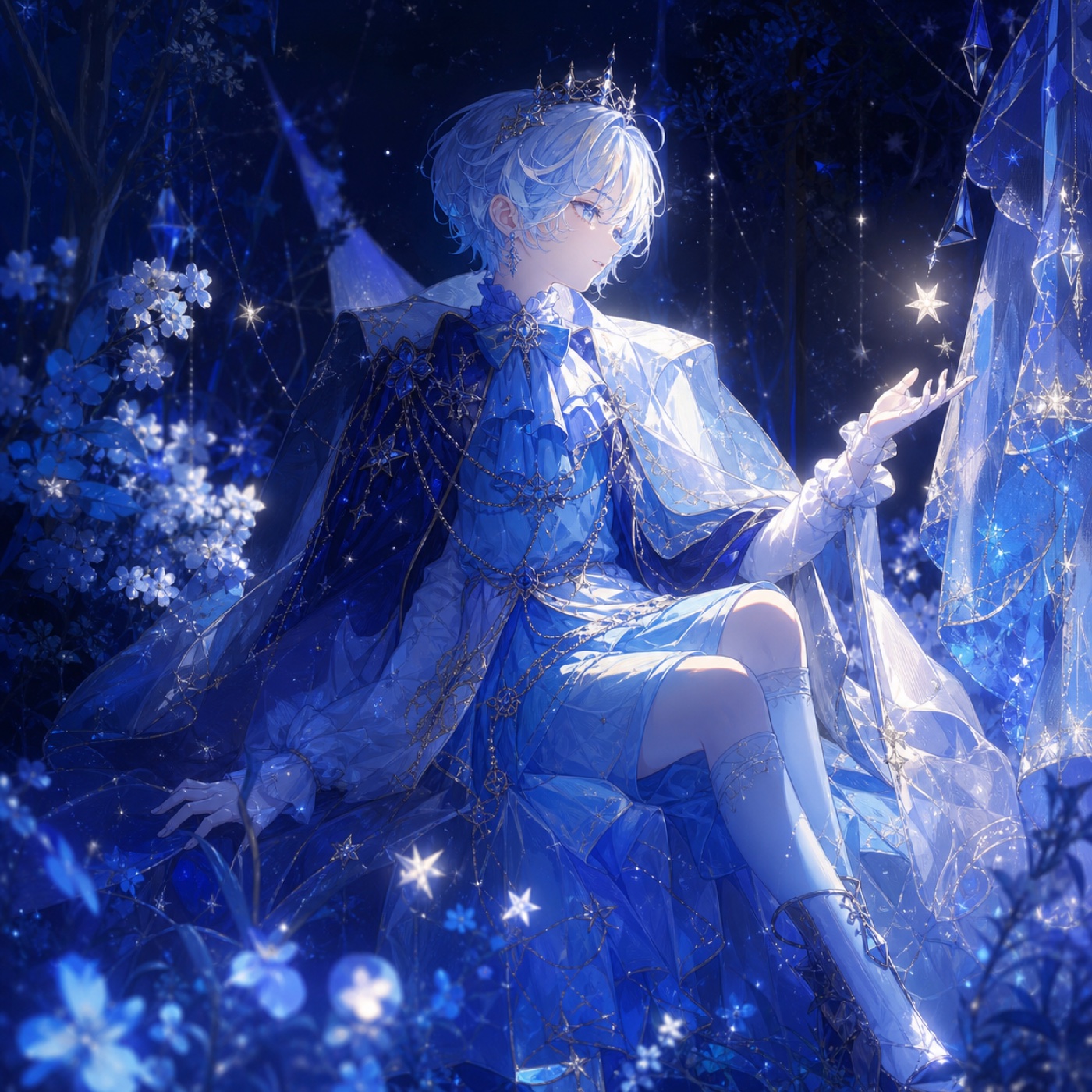 Blue fantasy character seated in a luminous night garden with star ornaments.
