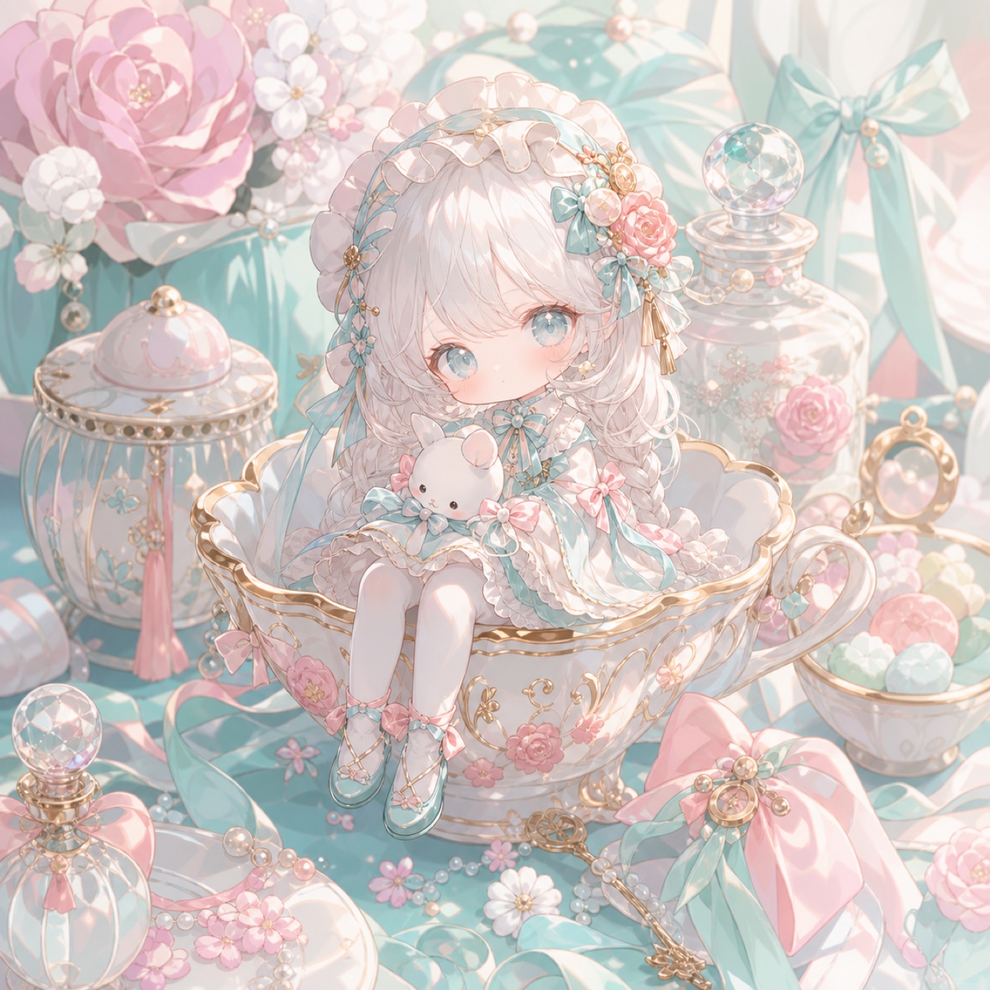 Pastel chibi character sitting inside a teacup surrounded by ribbons and ornaments.