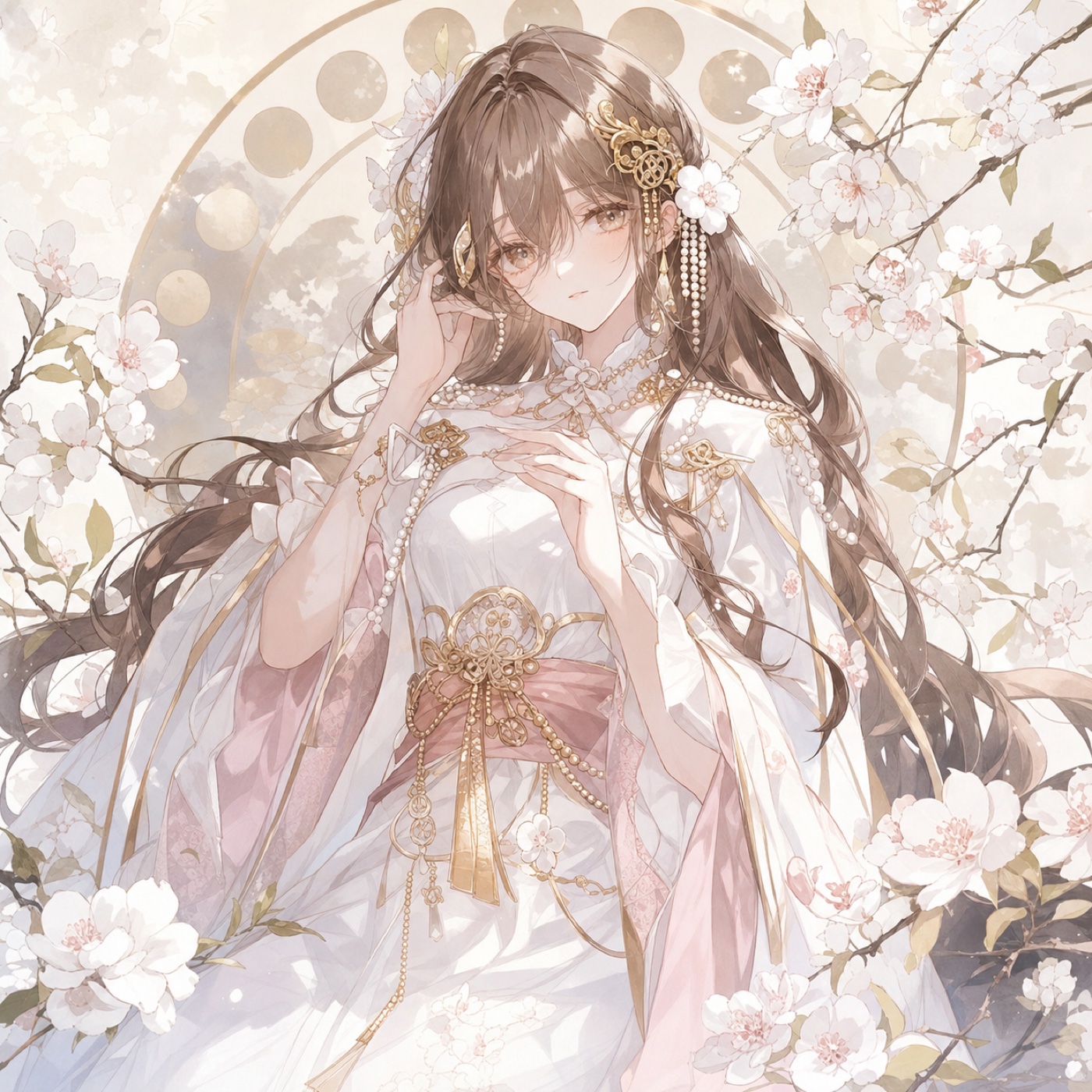 Refined fashion character illustration in white and blush ceremonial clothing.