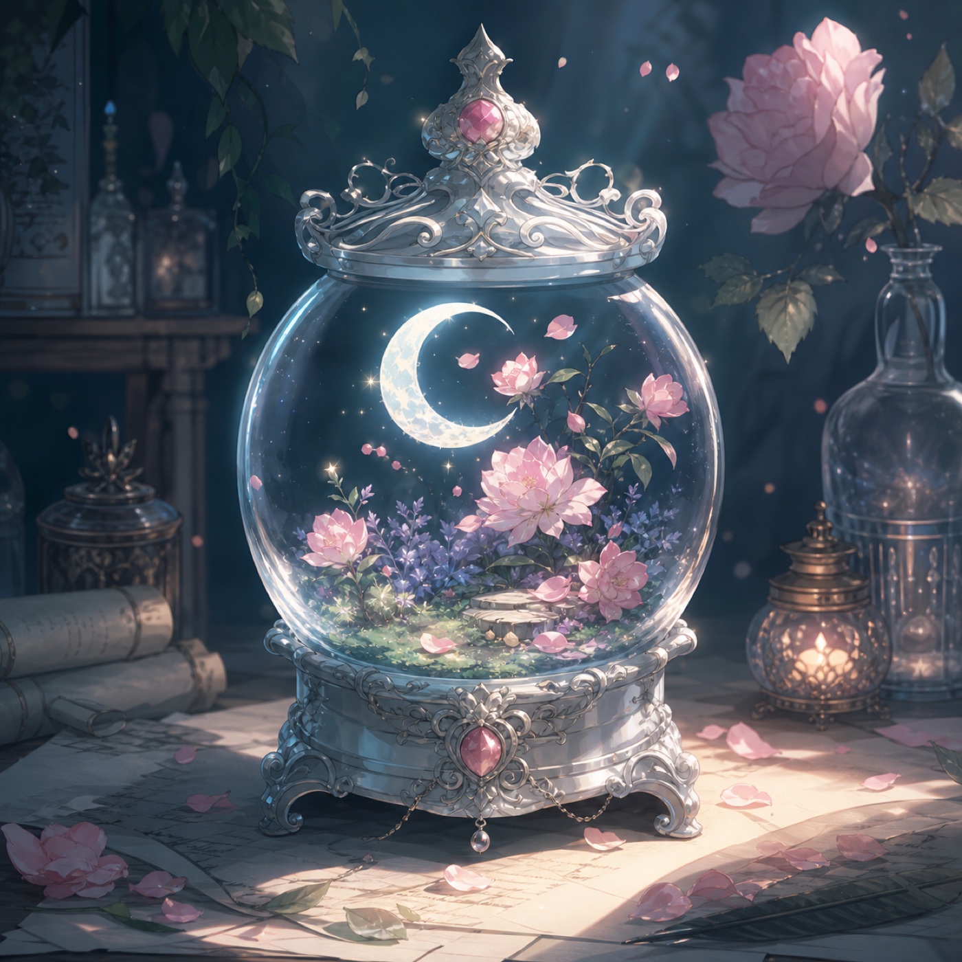 Moonlit floral terrarium with ornate silver glass.